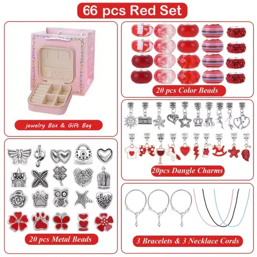 66-Piece Red Gift Bag Craft Set (Includes Beads, Charms, and Storage Case) -Unicorn DIY Bracelet Kit – Creative Jewelry Making Gift for Girls Ages 3+