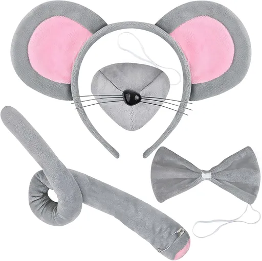 Mouse Costume Accessory Set,Rat Costume Set,Mouse Costume Set Includes Ear Headband,Tail,Nose,Bow Tie for Halloween