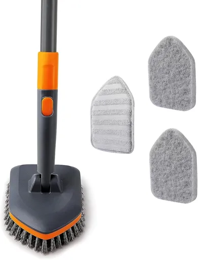 3-in-1 Extendable Cleaning System with Rotatable Head, Stiff Bristle Brush, Microfiber Pad, and Scouring Pad—Telescopic Handle, Interchangeable Heads for Bath, Tile, Glass, and Floor Use—Compact & Versatile Home Cleaning Tool (Grey)