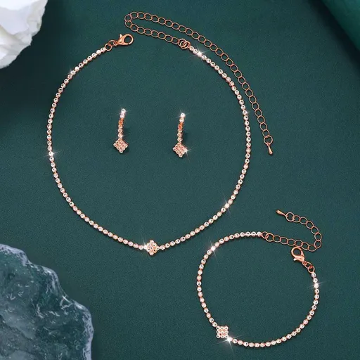 Bridal Zircon Jewelry Set 3-in-1 - Earrings Bracelet Necklace for Wedding Party - Crystal Shiny Bridal Jewelry Set for Women - Rose Gold