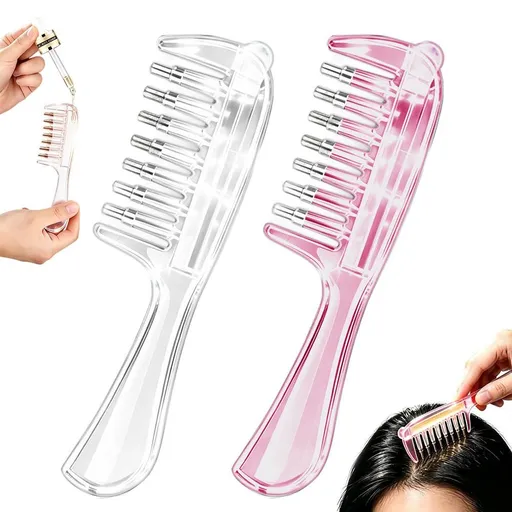 Hair Oil Applicator Combs 7 Tooth Hollow Metal Design 4.5x16cm Pink and Clear 2 Pack