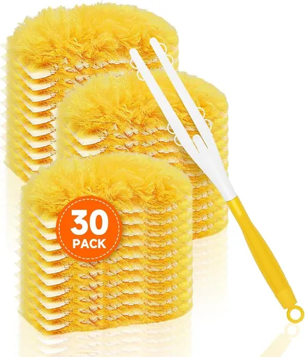 30 Pack Multi-Surface Duster Refills with 1 Handle, 360-Degree Disposable Cleaning Heads for Fans, Blinds, Furniture and Shelves