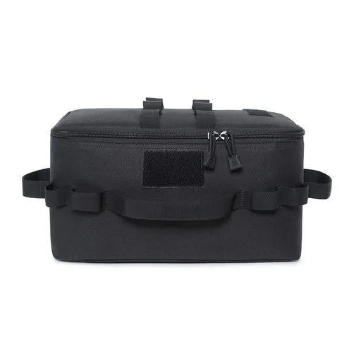 Black Camping Gear Storage Bag (34 x 17 x 19 cm) Portable Outdoor Organiser with Removable Dividers, Mesh Pocket and Carry Handles for Cookware and Picnic Gear
