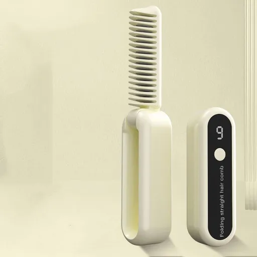 Beige Portable Foldable Cordless Hair Straightener Comb - 2-in-1 Ionic Styling for Smooth, Frizz-Free Hair