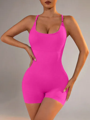 Size L Rose Red Grey Nylon Seamless Yoga Bodysuit - Women's Athletic Romper, Crisscross Back, Workout Jumpsuit