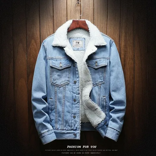 Men Fleece Lined Denim Jacket Korean Style Thick... Light Blue 6XL