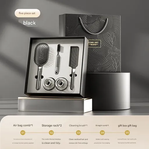 Black 5-Piece Gift Box Set Premium ABS Hair Care Gift Set with Cushion Paddle Brush, Detangling Comb, Cleaning Brush & Stand - Elegant Mother’s Day or Couple’s Gift for Daily Styling and Scalp Comfort