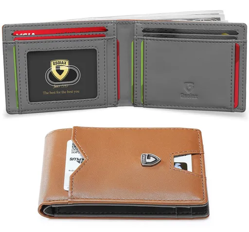 Brown & Grey Men's RFID Bifold Wallet - Microfibre Leather Slim Money Clip with 11 Card Slots, ID Window and Cash Storage