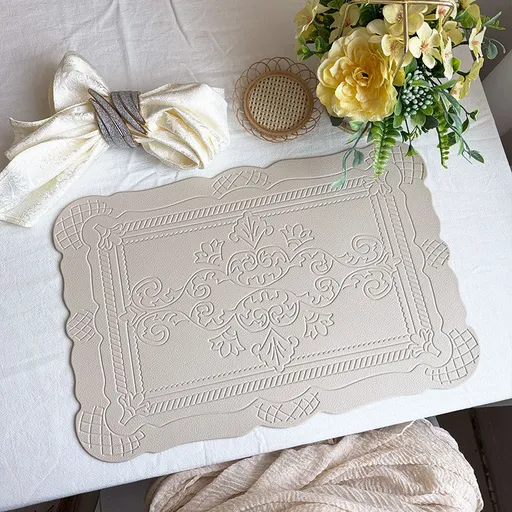 4 pcs Decorative Faux Leather Placemats - Unique Shape, Beautiful Packaging (Beige)