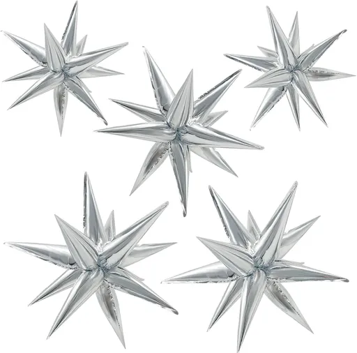 60Pcs Silver Star Balloons Birthday Decorations Explosion Mylar 12 Spike Balloon Large Foil Prom for Wedding Anniversary Christmas New Year Eve Party Backdrops Supplies -