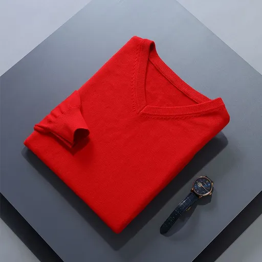 Men V Neck Pullover Knitwear Loose Long Sleeve Big Red XXL