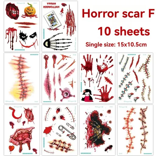 Halloween Tattoos 3D Temporary Tattoos Fake Wound Stickers Blood Wounds - Red - Size scarF-10pcs