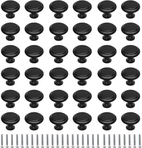 36 Pack Round Cabinet Knobs 1.05 Inch Drawer Pulls with Screws for Kitchen Cabinet Knobs Dresser and Door Handles Knob, Black