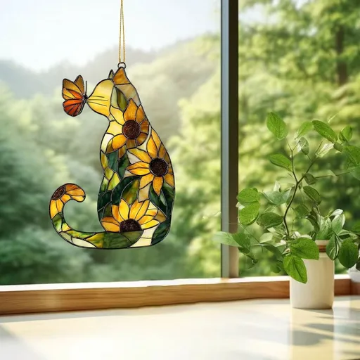 Cute Sunflower Cats and Butterflies Acrylic Sun Catchers Rainbows Light Reflector for Home Window Decoration Colorful Hanging Prism with Suction Cup
