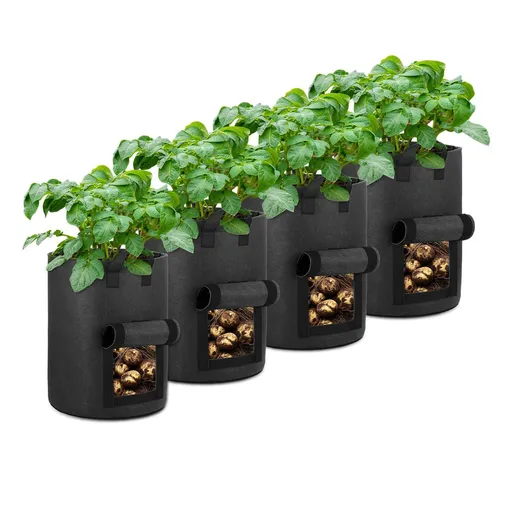 4-Pack Potato Grow Bags with Flap Window, Heavy Duty Aeration Fabric Pots with Handles for Garden and Planting(Black)
