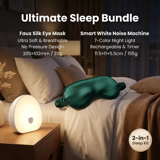 Nighttime Anxiety Relief & Relaxation Set - Green Imitation Silk Sleep Eye Mask and Smart White Noise Night Light for Soothing Sleep, Nursing, and Stress Reduction