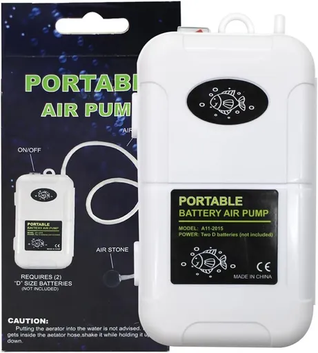 Portable Battery Air Pump, for Aquarium & Fishing, 100Hr Battery Operated, 2 D Batteries, 100 Hours Runtime, Quiet Motor, with Air Stone & Hose, for Power Outage Backup