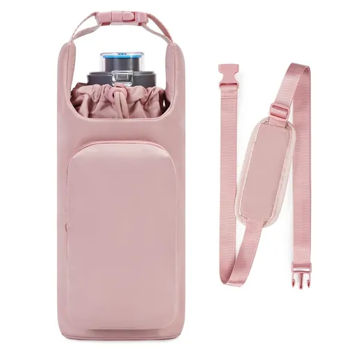 Pink Insulated Water Bottle Carrier with Shoulder Strap – Portable Sleeve for Large Bottles, Featuring Front Pocket and Key Hook