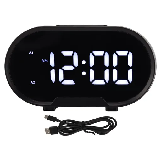 Digital Alarm Clock USB LED Display White Light Mirror Electronic Desktop Clock for Bedroom Living Room Office Black Case
