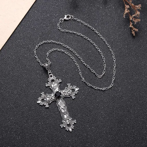 Kvekstio Vintage Gothic Cross Necklace for Women Men – Large Antique Silver Crucifix Pendant with Black Crystal, 20" Chain Punk Statement Jewelry Gift for Christian, Perfect for Christmas Halloween