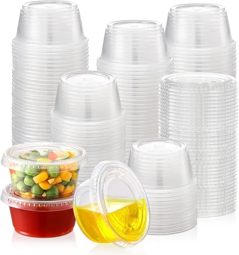 60 Sets - 2 oz Jello Shot Cups, Portion Cups With Lids, Small Plastic Containers with Lids, Airtight and Stackable Souffle Cups