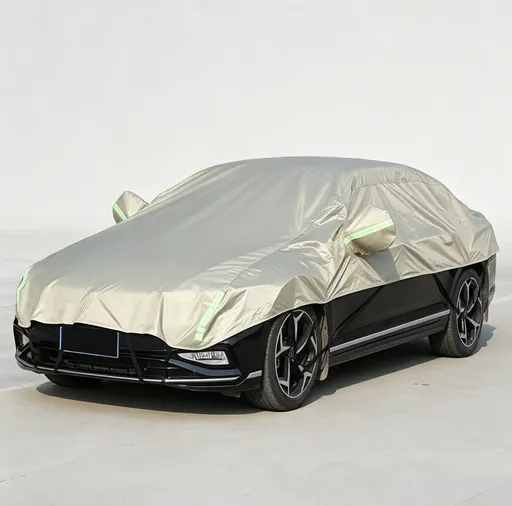 Half Car Cover Sedan with Green Reflective Strip,All Weather Car Body Cover for Sun, Rain, Dust(Fit Sedans, compact SUVs Length 4.3m to 4.5m)-Sand gold