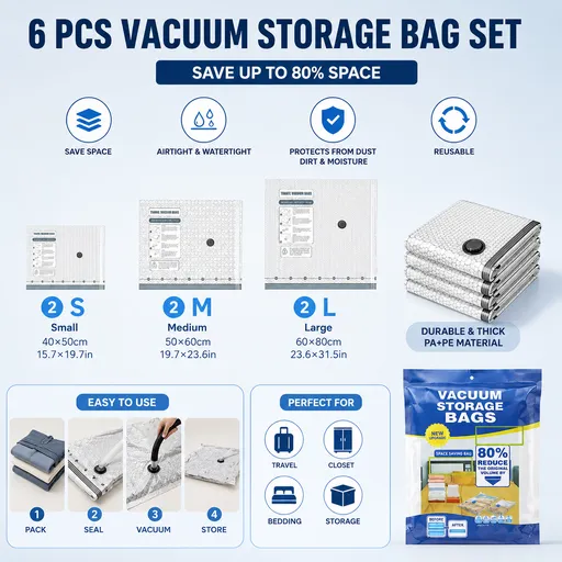 6-piece Travel Vacuum Storage Bags Set for Clothes and Bedding, Space Saving Compression Bags for Suitcases, Wardrobes and Seasonal Storage, Reusable PA+PE Vacuum Seal Bags