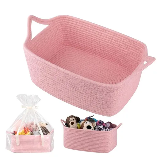 Woven Basket with Gift Bags and Ribbons, Gift Basket Empty, Cotton Rope Storage Organizer, Baby Toy Box with Handles,1PC,Pink,Cotton,34.5×25.5×15cm,Basket