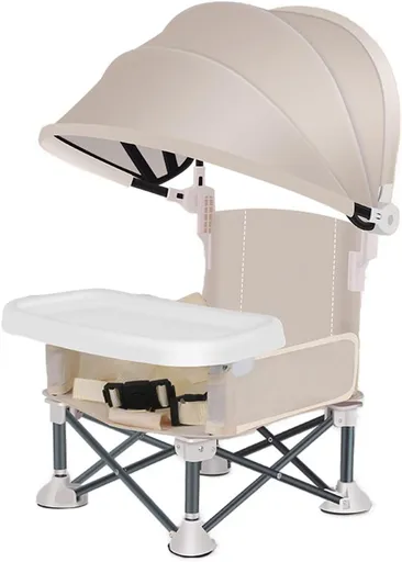 Foldable Highchair for Children with Sunshade and Removable Food Tray, Portable, Beige