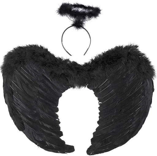 Angel Wings, Black, Angel Costume for Women, with Halo and Black Wings, for Girls, Feather Wings Fallen Angel Wings - Black-45 cm