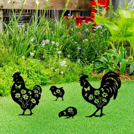 Metal Chicken Garden Decor for Outside, 4 Pcs Metal Chicken Yard Art, Decorative Garden Stakes Chicken Gifts for Chicken Lovers