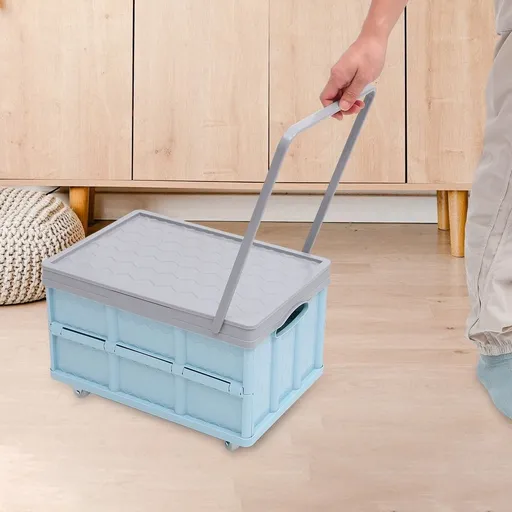 Foldable Plastic Storage Box with Wheels Blue Stackable Container for Home Storage