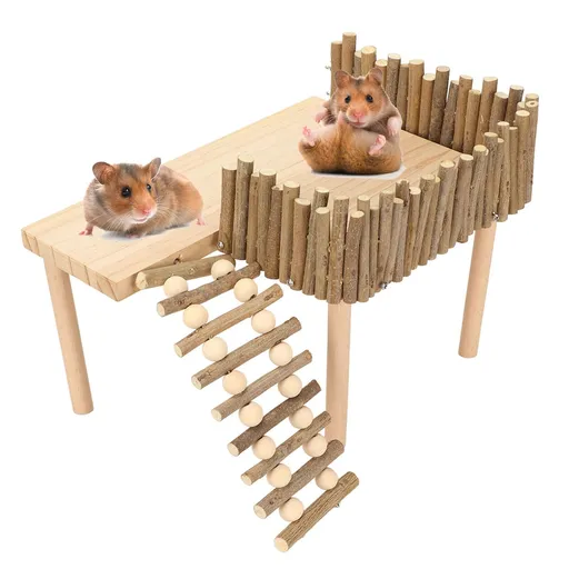 Wooden Hamster Climbing Toys Small Animal Playground Activity Platform with Fence Bridge for Small Pets HamsterMouse Rat