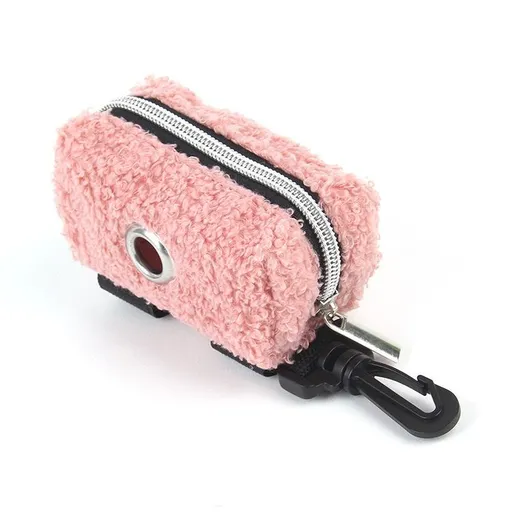 Plush Fleece Poop Bag Dispenser Carrier for Dog Walking – Portable Pouch with Carabiner & Velcro Strap, Holds Waste Bags and Small Essentials, Soft Faux Fur Design in Multiple Pastel Colors (Flesh Pink)
