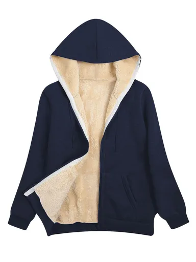 Fleece-Lined Hooded Jacket Women'S Winter Jacket Autumn Winter Coat Hooded - Royal Blue - Size L(AU L/EU50)