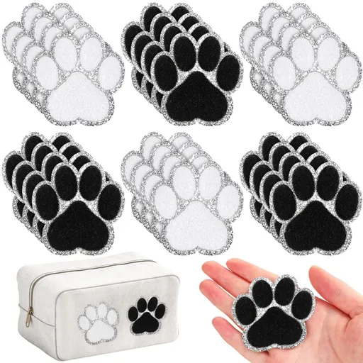 24 Pieces Self Adhesive Paw Print Patch Chenille Paw Patch Dog Cat Paw Print Iron on Patches (White, Black with Silver Edge)