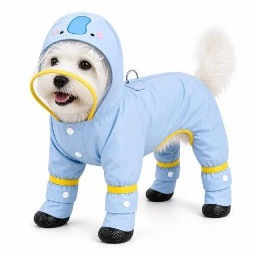 Dog Raincoat with Removable Boots, Clear Hood, 300D polyester with full-body coverage, reflective trim and a back D-ring for snowy, muddy and low-light walks and home use - Blue - Size XL