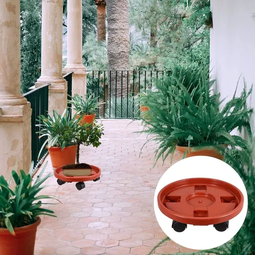 Red Plastic Plant Pot Tray with Smooth Rolling Wheels for Easy Mobility and Convenient Flower Pot Support