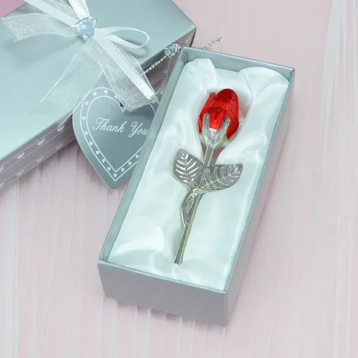 2 Set of Red Crystal Rose Flower with Silver Gift Box and Silver Plated Stem Leaf – Elegant Crystal & Metal Rose Ornament | Wedding Party Gift, Valentine's Day & Anniversary Keepsake