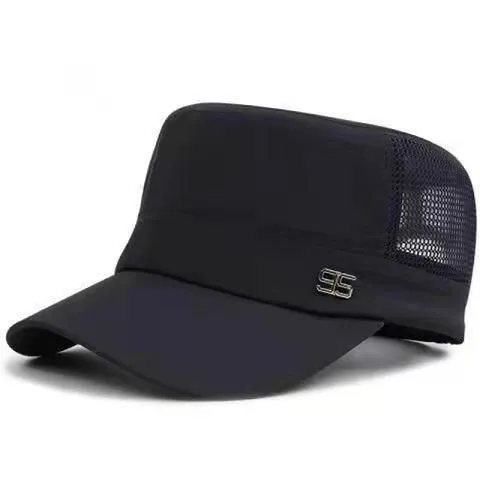Men Mesh Flat Top Hat Sun Protection Adjustable Navy Blue