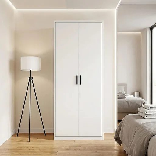80x200cm 2-Door White Steel Hanging Wardrobe with Black Handle Storage Cabinet