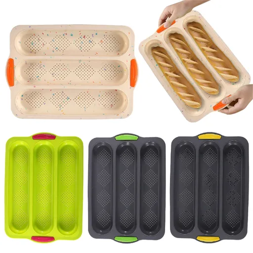 3-Slot French Bread Pan - Non Stick Silicone Baguette Mold for Hoagie, Sub Roll & Hot Dog Buns - Oven Safe Baking Tray with Vent Holes (Beige) Clearance B