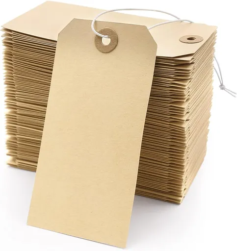 Manila Shipping Tags with Elastic String - 60 Pcs Blank Strung Cardstock Paper Tags Attached Reinforced Hole, 4 3/4" x 2 3/8"