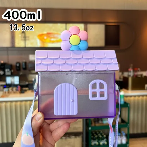 Creative Little House-Shaped Children's Straw Cup, 400ml Portable Outdoor Water Cup with Strap - Purple Flowers Design