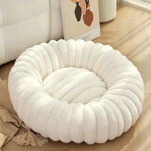 High‑Grade Rabbit Fleece White 40cm Round Pet Bed | Halloween Compact Clean Gift | High‑Density Long Plush Bed for Kitten Puppy