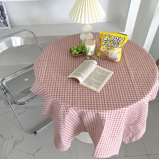 Desk Tablecloth Plaid Table Cover Linen Cotton Backdrop Dustproof Home Decoration for Office Dormitory Pink 150x150cm / 59.1x59.1in
