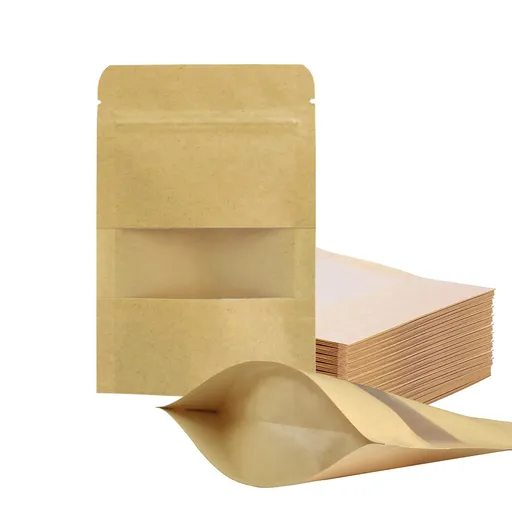 100 Pcs Resealable bags,Stand Up Kraft Paper Bags with Matte Window, Zip Lock Food Storage Bags for Packaging Products, Reusable