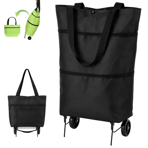 2 in 1 Foldable Shopping Bag, 23L Large Capacity Oxford Rolling Tote, Lightweight Reusable Grocery Cart for Market Trips Apartment Errands and Travel