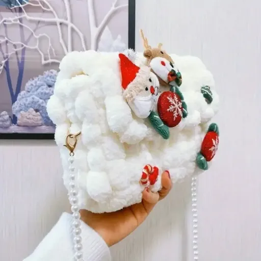 Christmas Plush Cartoon Handbag Crossbody Bag, 3D Appliqués Pearl Chain, Sweet Practical Holiday Essential/ivory