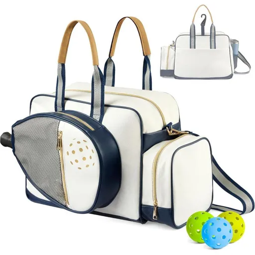 Pickleball Paddle Bag Large Capacity Sports Tote for Racket Shoes Water Bottle Phone with Fence Hook for Outdoor Court Training and Travel (White)